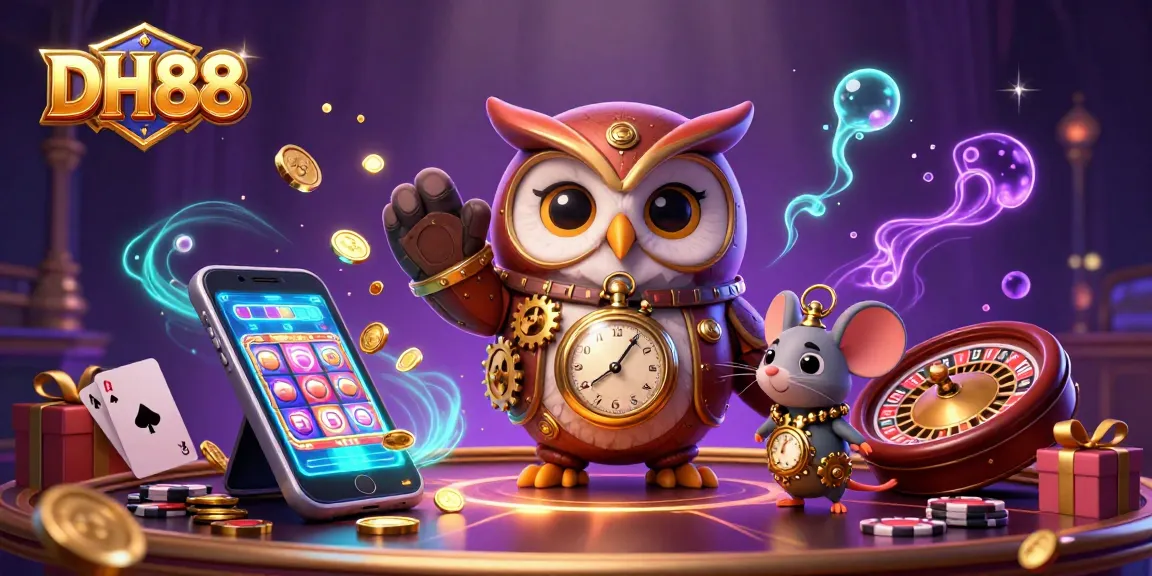 Experience the excitement of DH88 with a dynamic scene featuring a time-traveler owl and casino elements.
