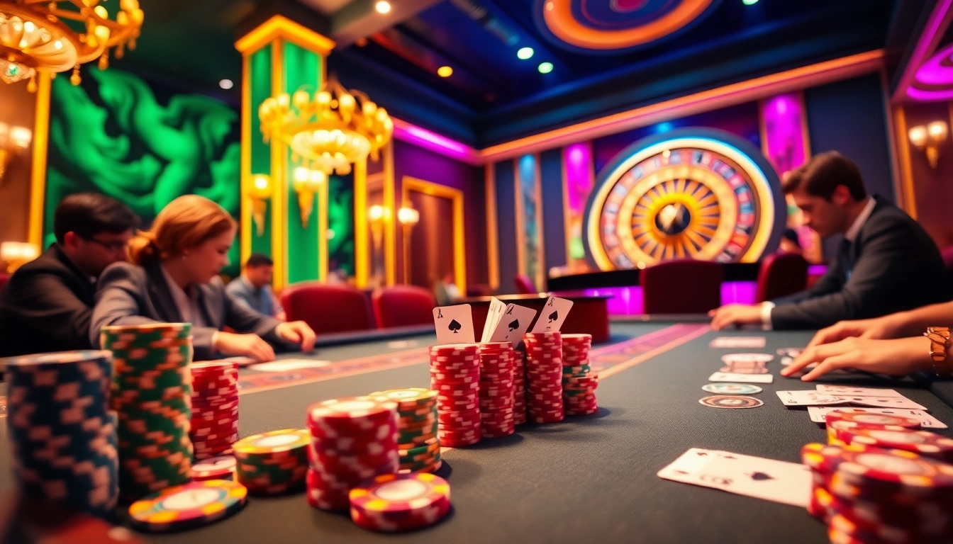 Witness thrilling poker action at https://nk88.bio/ with vibrant chips, skilled players, and a roulette wheel in a luxurious casino.