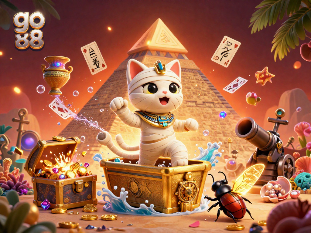 Engage in thrilling adventures with go 88 as an Egyptian mummy cat bursts from a sarcophagus in a vibrant casino.