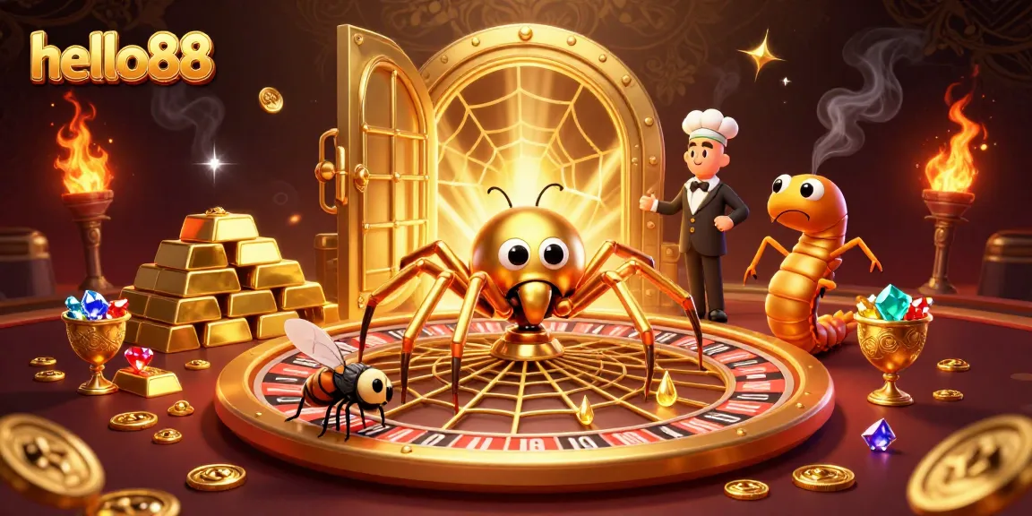 Experience thrilling gameplay at hello88 with a golden spider spinning a roulette web in a vibrant casino scene.