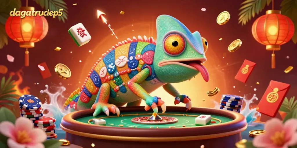 Experience the vibrant energy of dagatructiep5 with a dynamic 3D illustration featuring a chameleon casino owner amidst glowing symbols of luck.