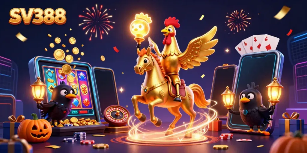 Engage with SV388's thrilling casino atmosphere featuring a golden rooster, spectral horse, and exciting game elements.