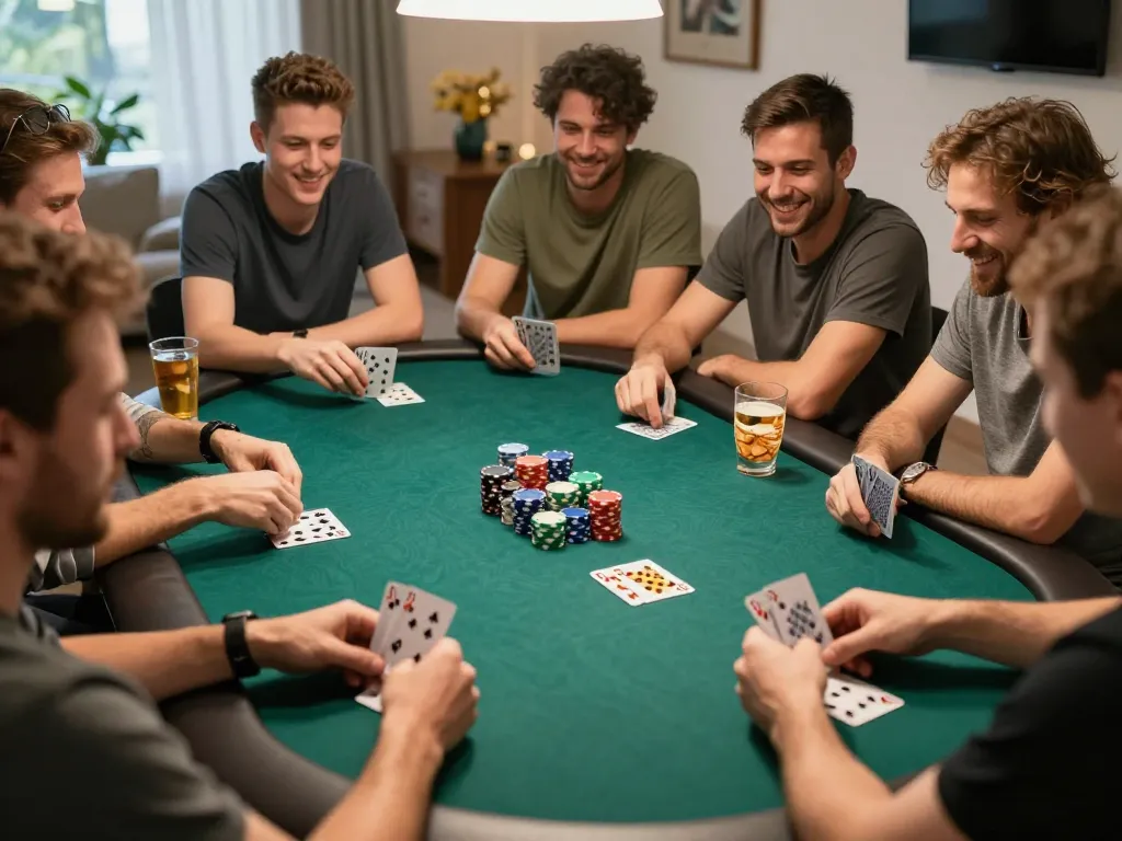 Players engaging in an intense poker game at home, showcasing 789 bet excitement in a lively social setting.
