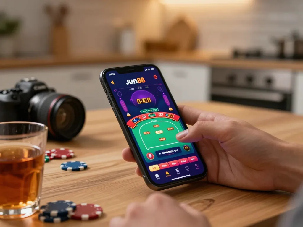 Engaging in live dealer games on the Jun88 mobile app for online gambling excitement.