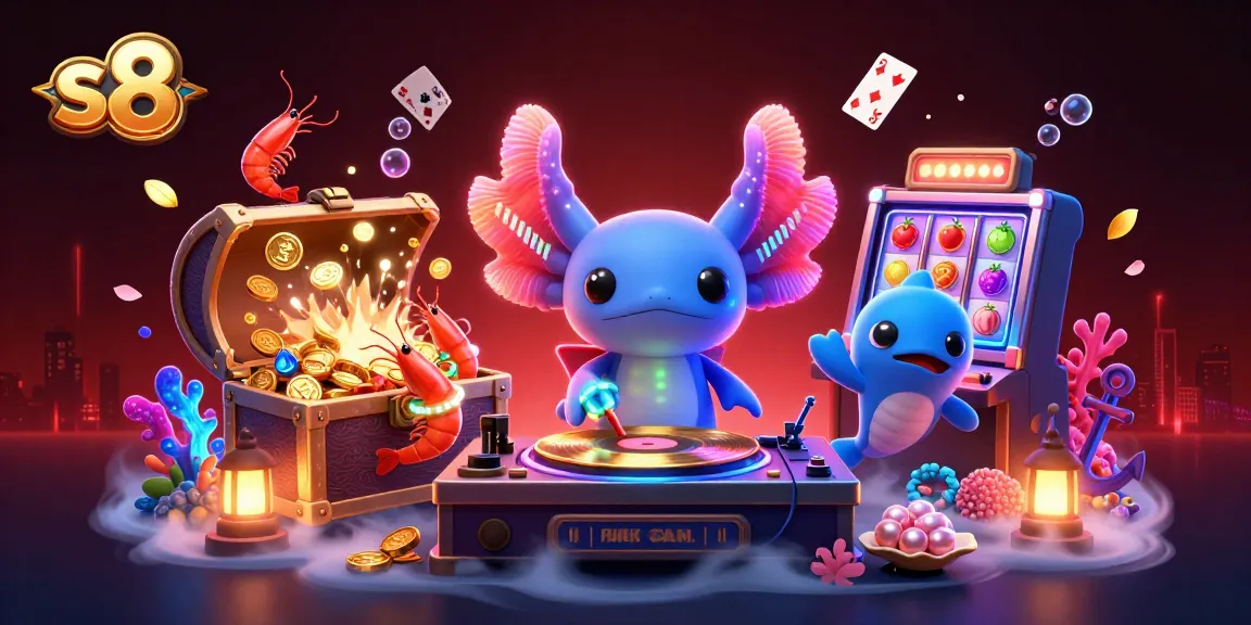 s8 players enjoy vibrant 3D casino action with neon axolotl DJ and slot machine elements.