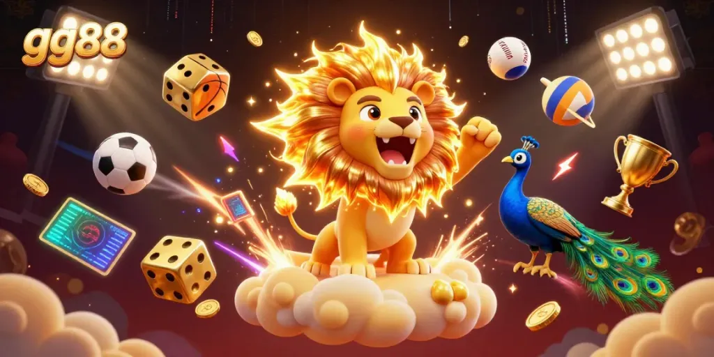 Engage with gg88's dynamic gaming world featuring a roaring sun lion atop golden clouds with sports elements.