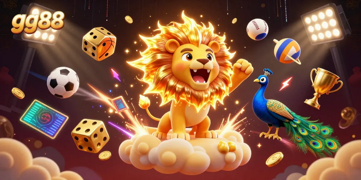 Engage with gg88's dynamic gaming world featuring a roaring sun lion atop golden clouds with sports elements.