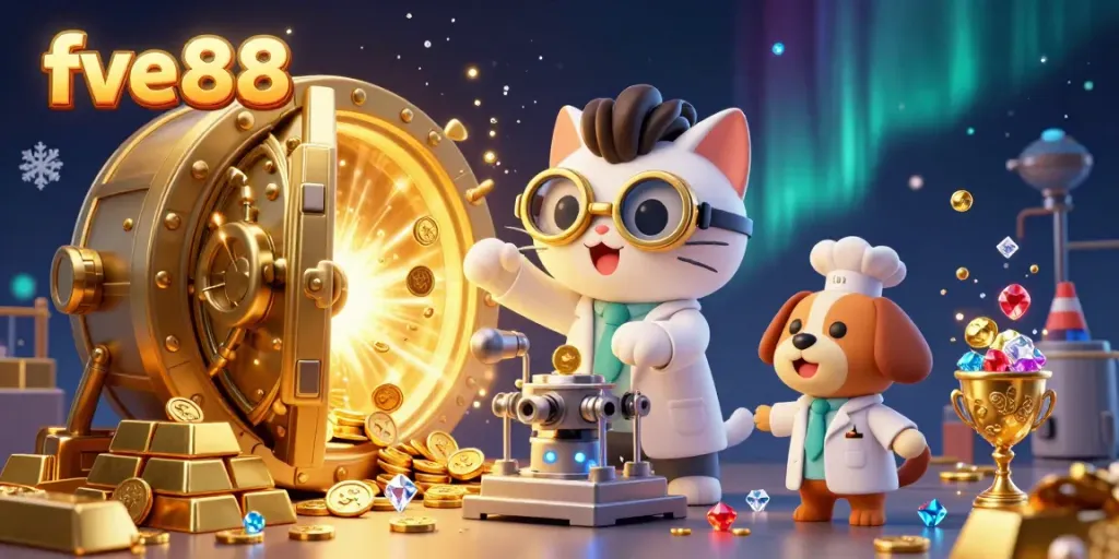 Join the 3D mad scientist cat and dog in a vibrant five 88 gambling lab, bursting with treasures.