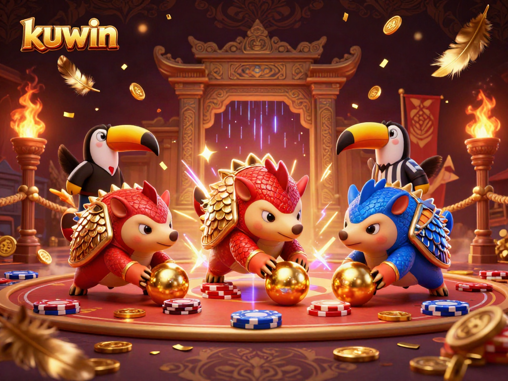 Kuwin pangolins compete in a dynamic casino atmosphere with poker chips and golden elements.