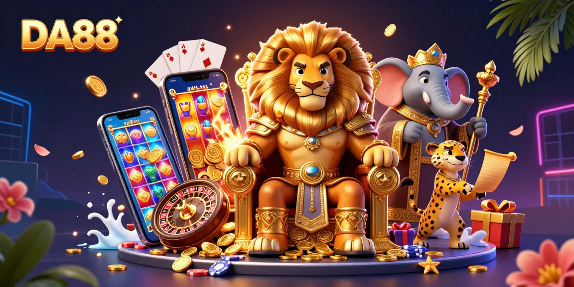 Engage with DA88's vibrant gaming scene in this dynamic 3D illustration filled with casino elements.