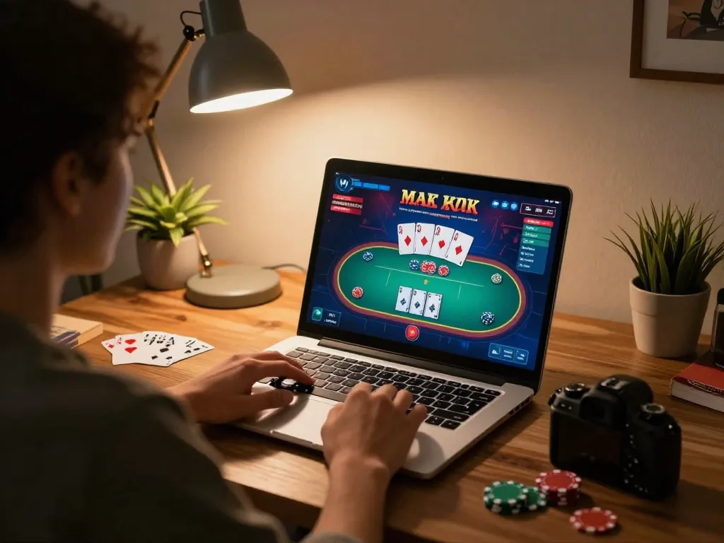 Player engaging in online poker at home while using ALO8, featuring game interface and cozy setup.