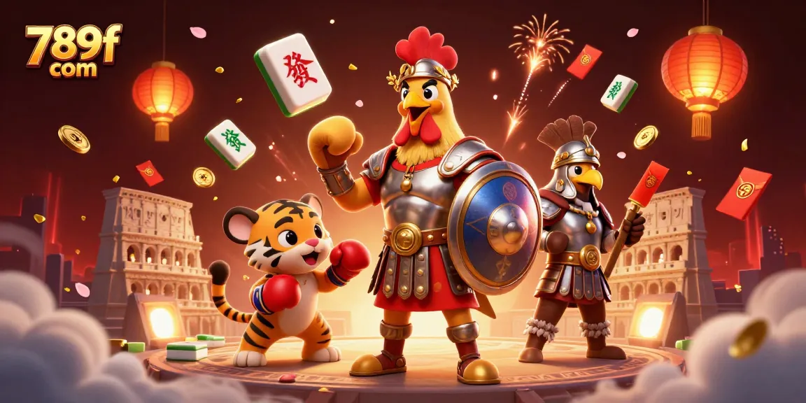 Experience the thrill of 789f com with a vibrant 3D illustration of a gladiator rooster and casino elements.