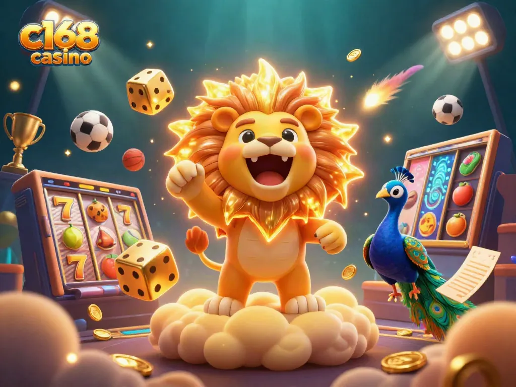 Engage with c168 casino's vibrant gaming experience featuring dice, golden trophies, and dynamic sports elements.