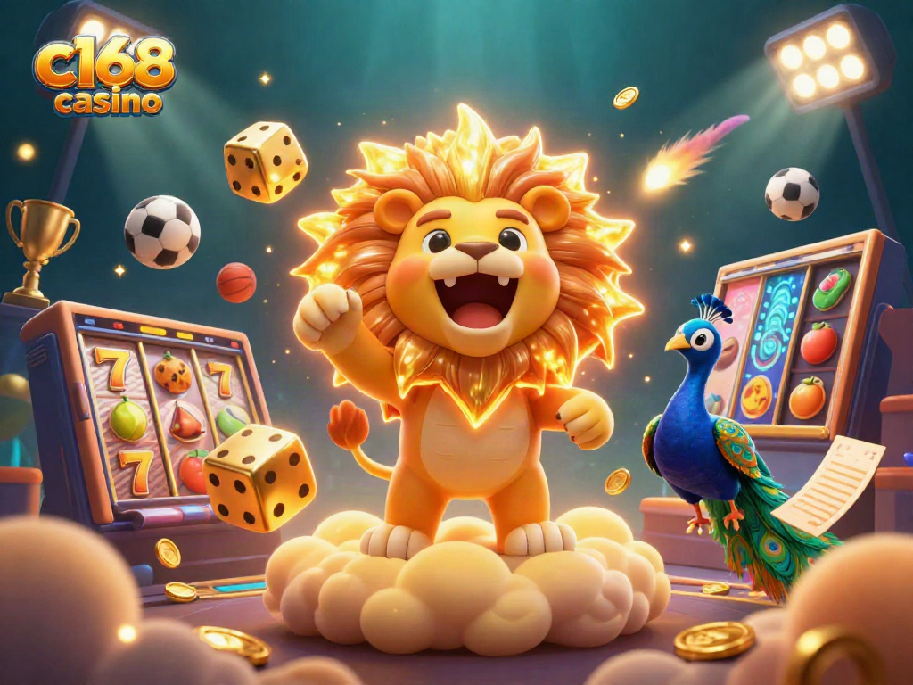 Engage with c168 casino's vibrant gaming experience featuring dice, golden trophies, and dynamic sports elements.