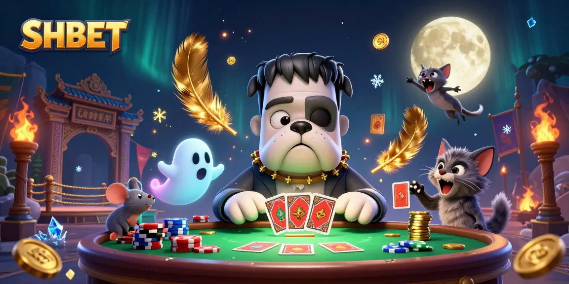 SHBET offers thrilling card games with a spooky cartoon monster dealing cards at a casino table.