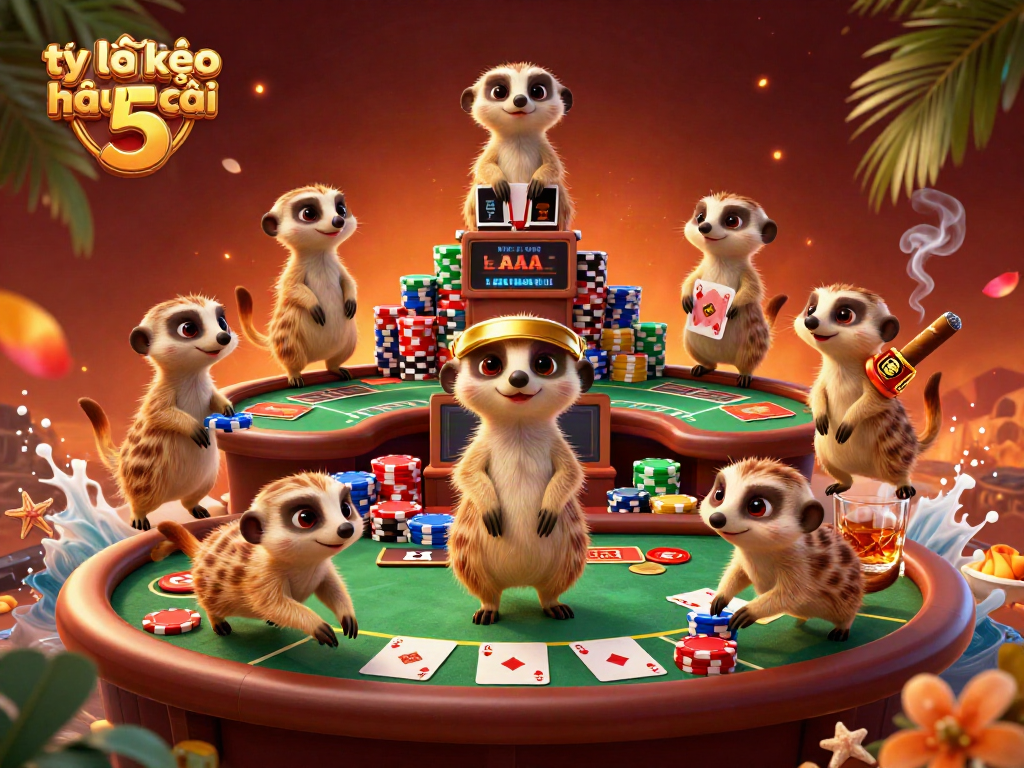 Engaging in tỷ lệ kèo nhà cái 5 with meerkats at a busy casino table amidst stacks of colorful poker chips.