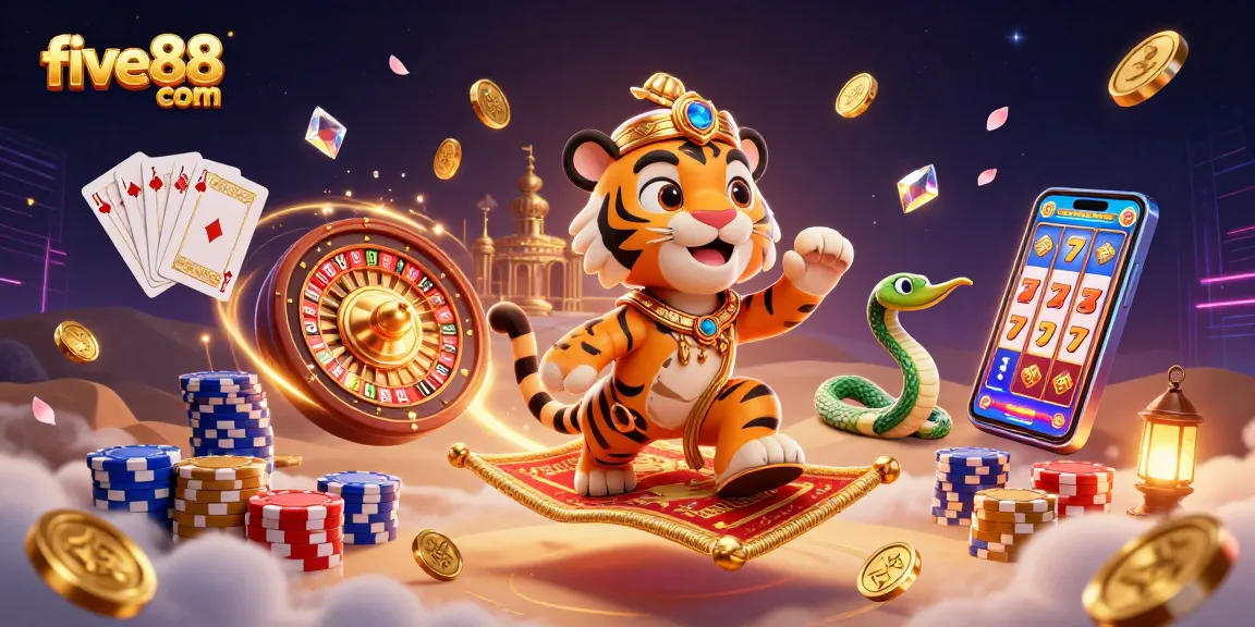 Win big at five88 com with the tiger sultan and magical genie in a vibrant casino scene full of excitement.