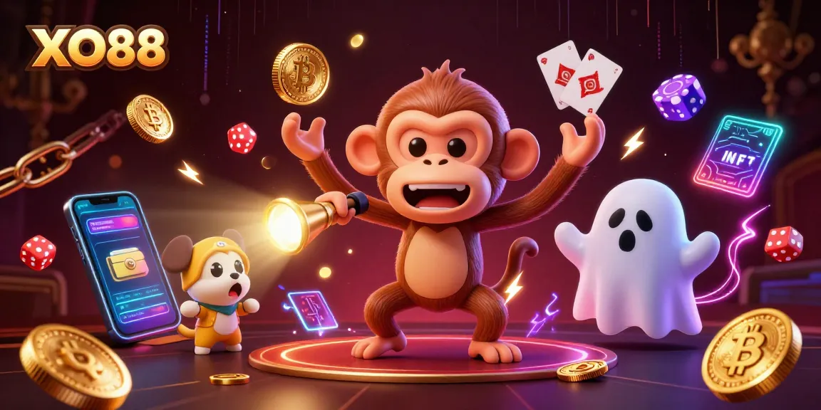 Engage with XO88's thrilling casino world as golden coins and playful characters come to life in a vibrant illustration.