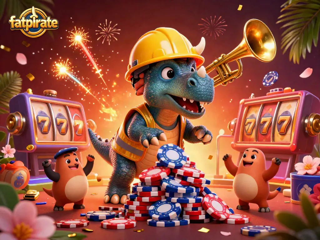Cheer as fatpirate conquers the slots with poker chips and vibrant casino elements in celebration.