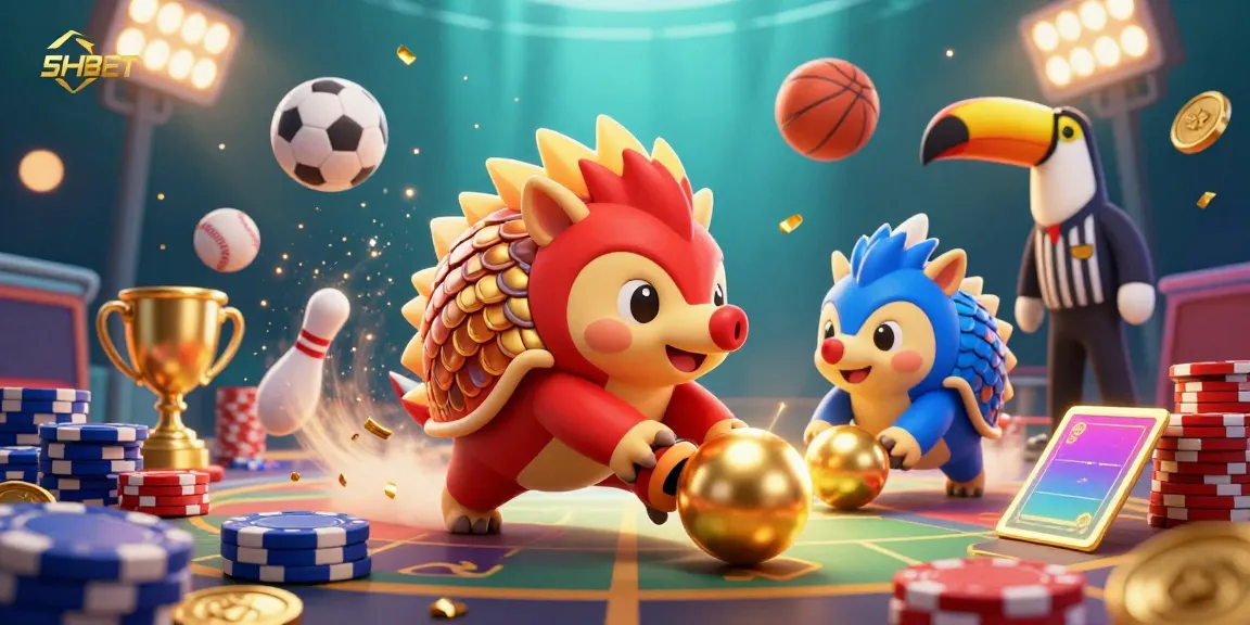 SHBET showcases playful pangolins in a dynamic casino scene with exotic gaming elements.