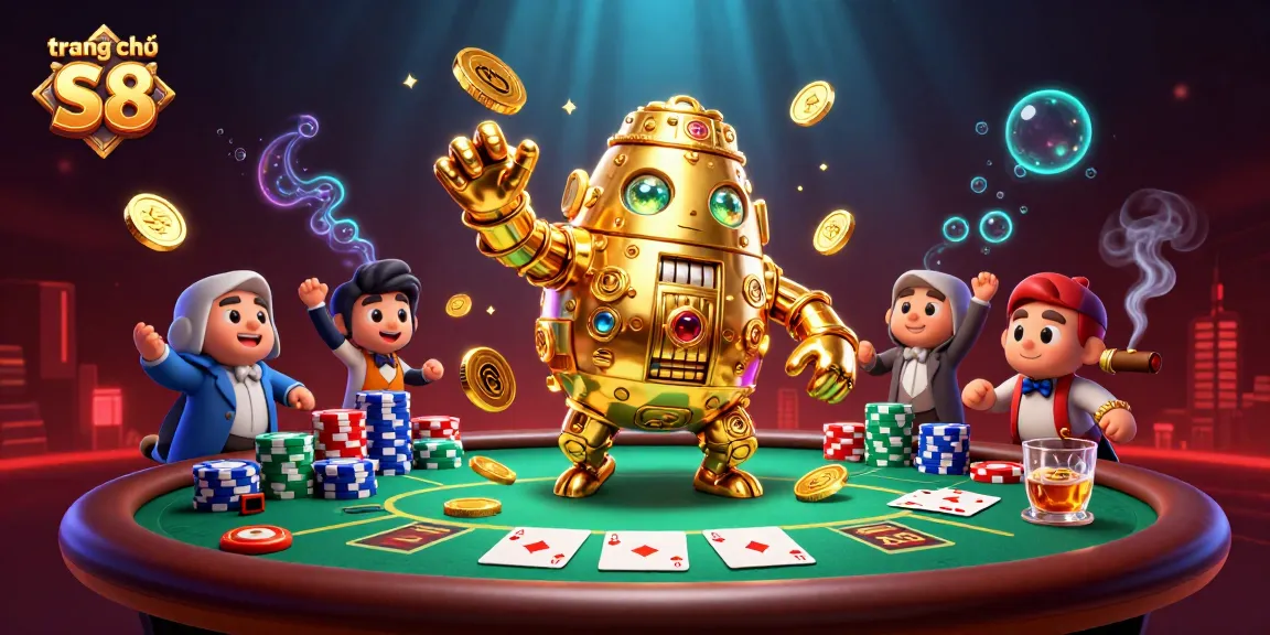 Engage in the thrilling atmosphere at trang chủ S8 with a 3D illustration of gold coin golems and poker action.