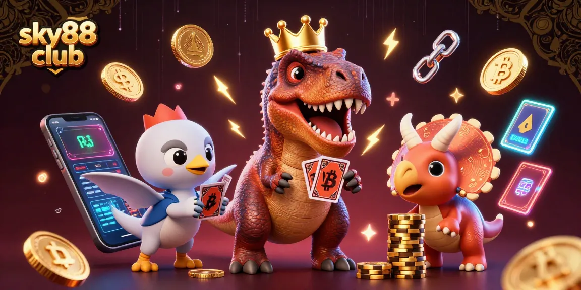 Join the fun at sky88 club with playful dinosaurs and crypto-themed casino action!