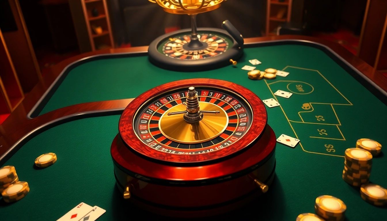Experience the thrill of gambling at UU 88 with an elegant casino interface featuring a roulette wheel and poker table.