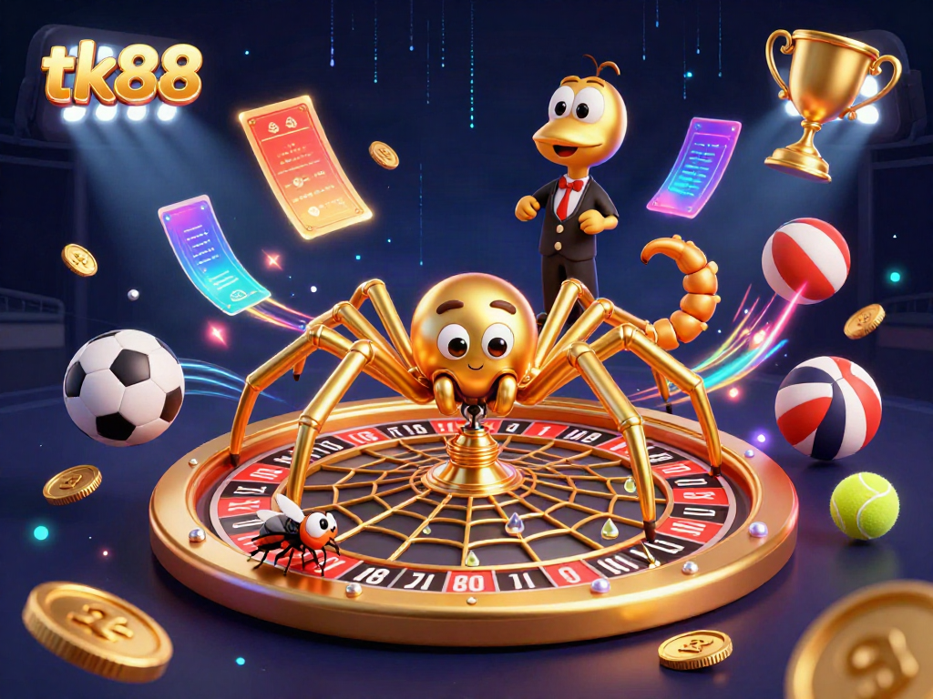 Engage with tk88's thrilling game atmosphere, featuring a spider roulette wheel and animated sport elements.