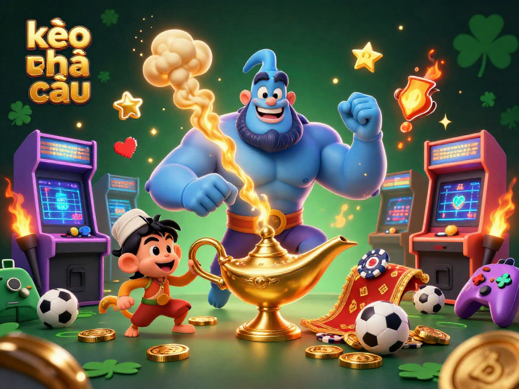 Engage with kèo nhà cái through a vibrant casino scene featuring a magical genie, poker chips, and dynamic game elements.