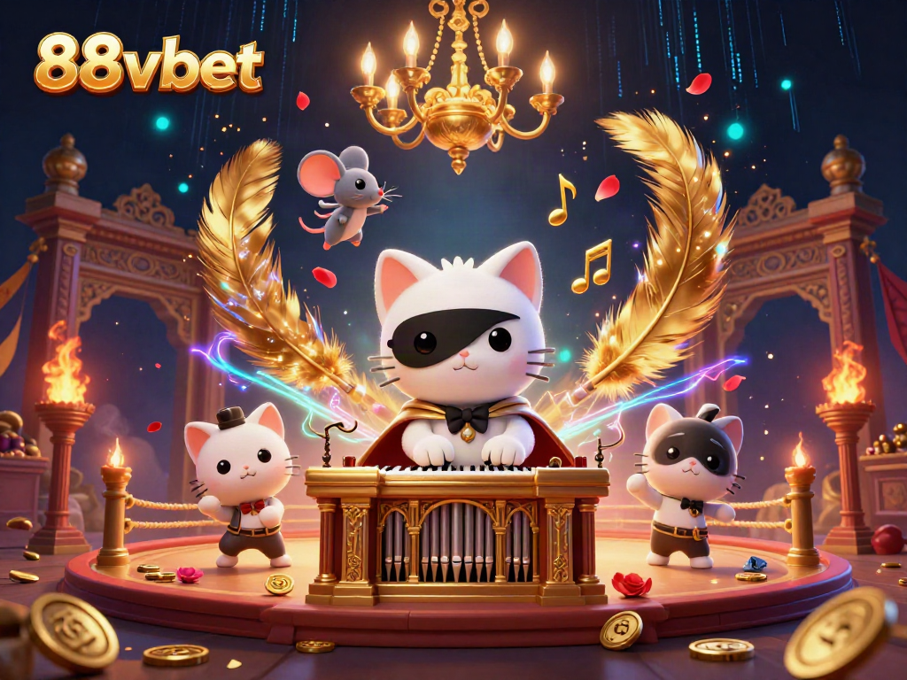 Experience thrill with 88vbet's dynamic casino scene featuring a masked cat and mouse acrobat.