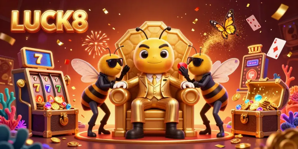 LUCK8 invites players to immerse in a vibrant casino scene with thrilling slot machines and dynamic characters.