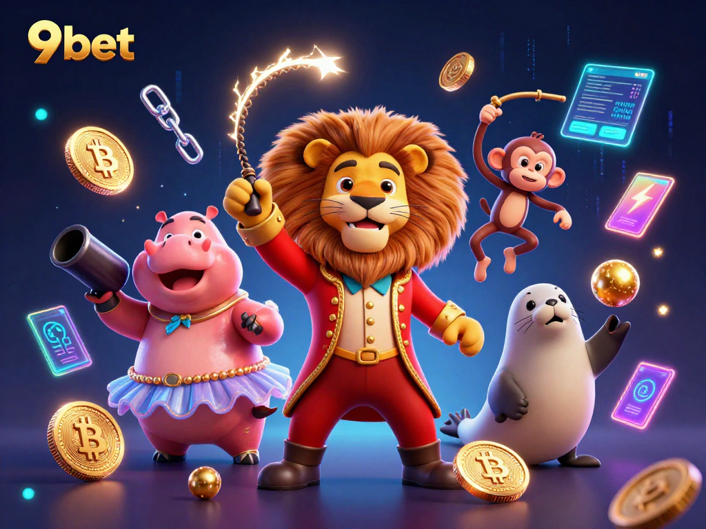 Experience thrilling wins with 9bet in this vibrant circus-themed casino illustration.