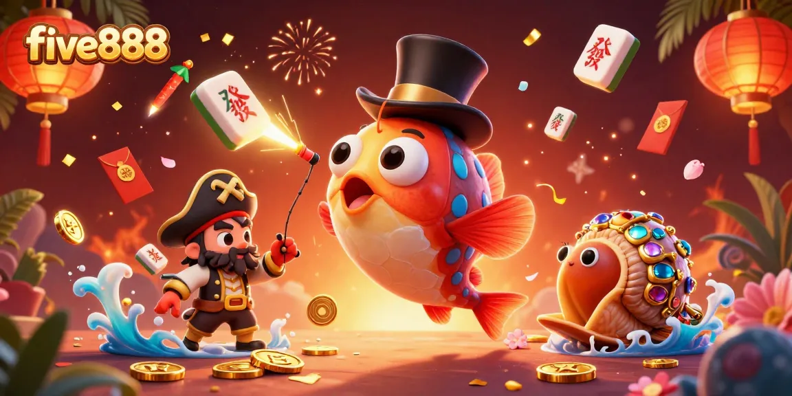 Engage with five888's captivating gaming experience featuring cartoon characters in a vibrant casino-themed illustration.