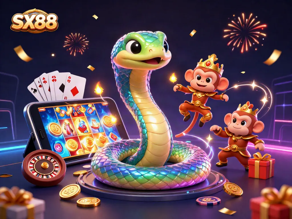 Engage with SX88 through vibrant casino elements, featuring a playful monkey king and a colorful serpent.