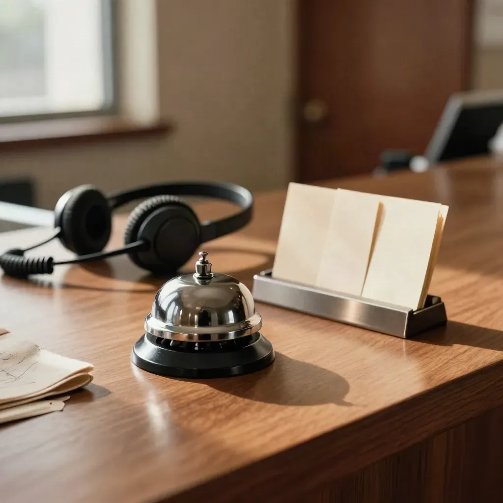 Receptietraining met headset, bel en kaartjes op een warme balie.
