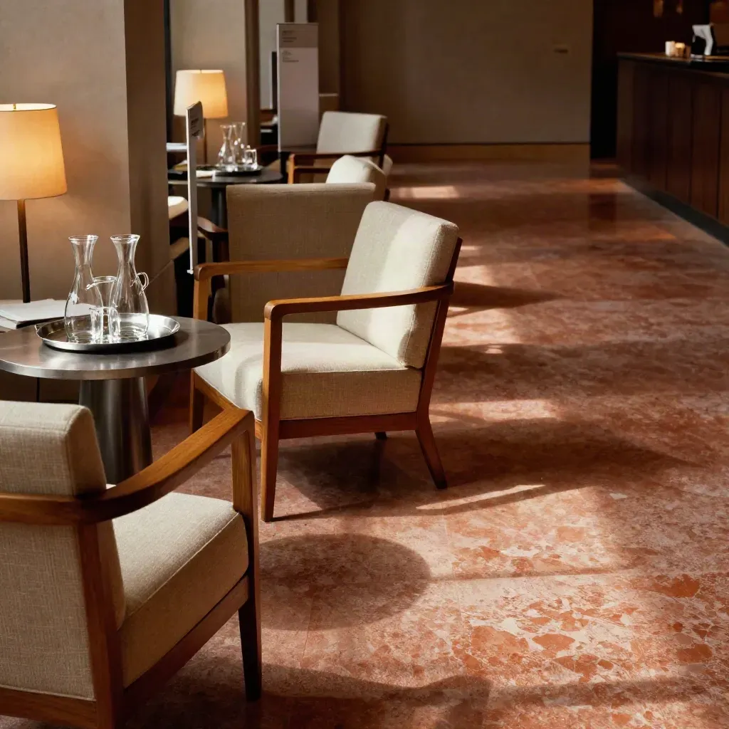 Rustige lobby met stoelen, watertafel, lamp en wegwijzers, klaar voor ontvangst.