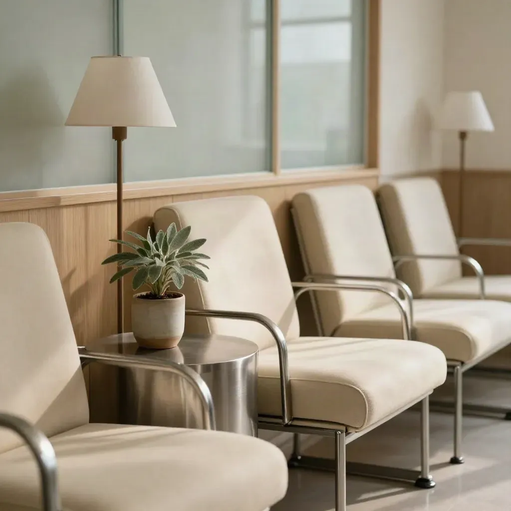 Rustige wachtkamer met zachte stoelen, bijzettafel, lamp en een sage plant.