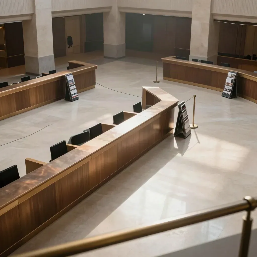 Lege congreslobby in Den Haag met registratieloketten, afzetlinten en glanzende vloer.