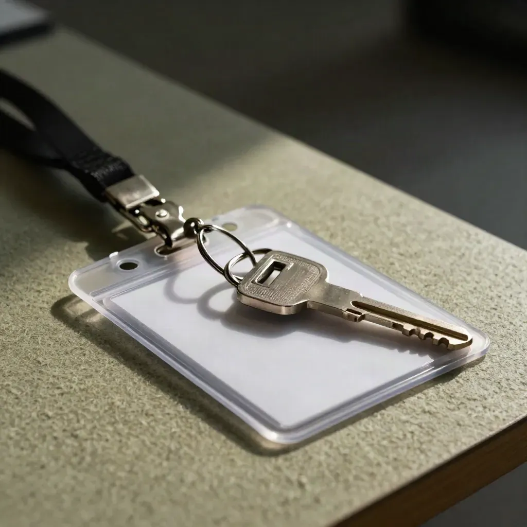 Badgesleeves, lanyardclips en sleutelhanger op vilten mat in zacht sage-licht.