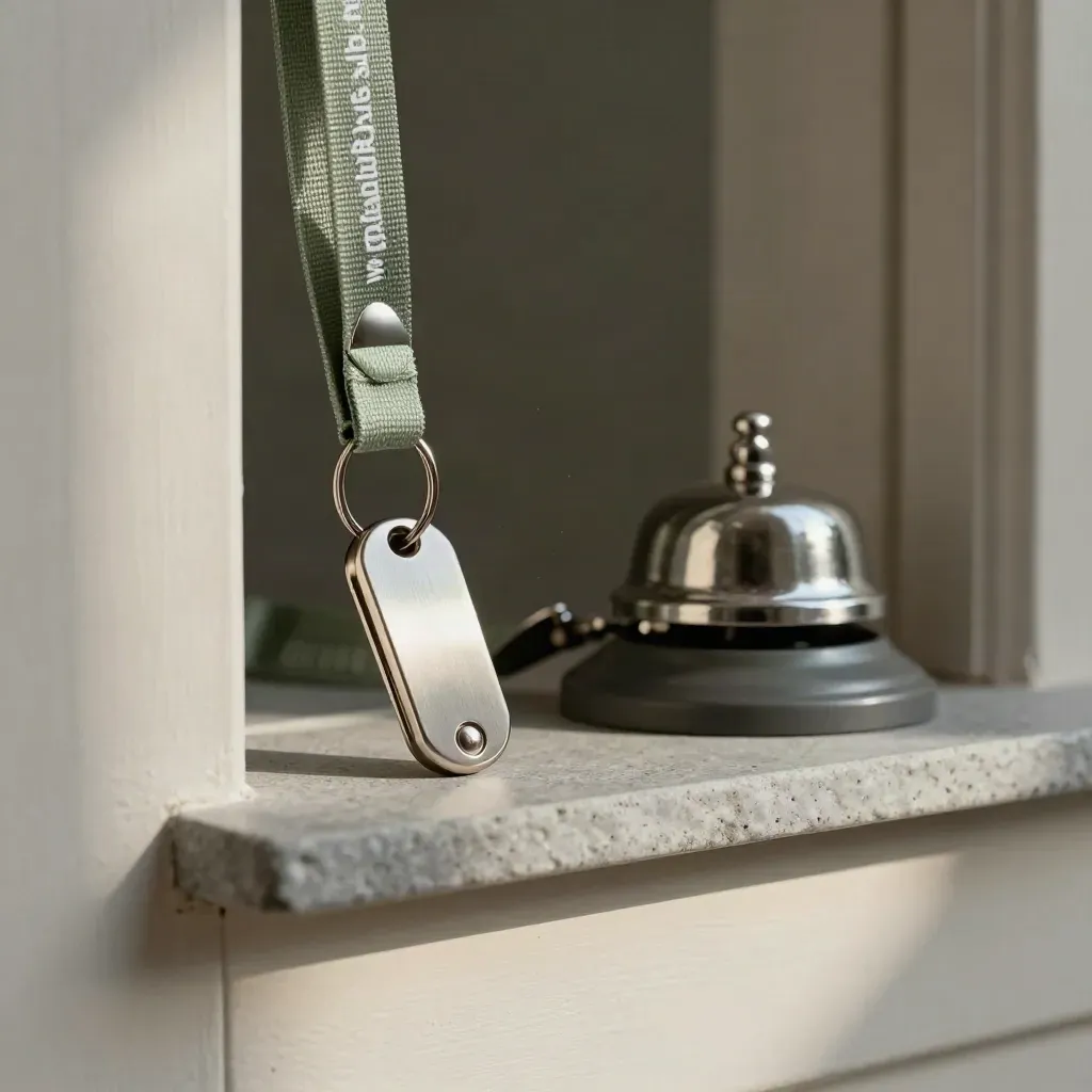 Key fob, bezoekerslanyard en bel op stenen plank bij de entree, zacht licht van opzij