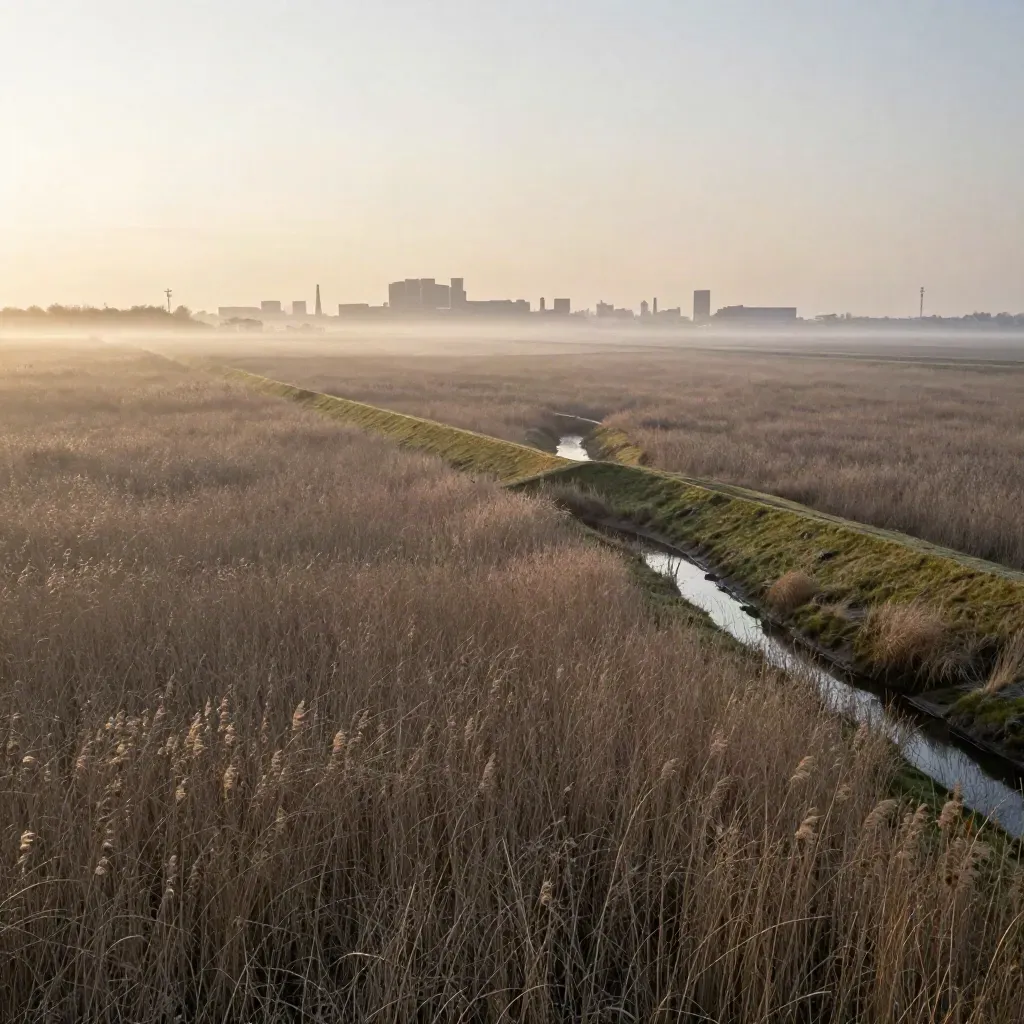 Brede polder met dijk, mist en verre Rotterdamse vormen in zacht avondlicht.