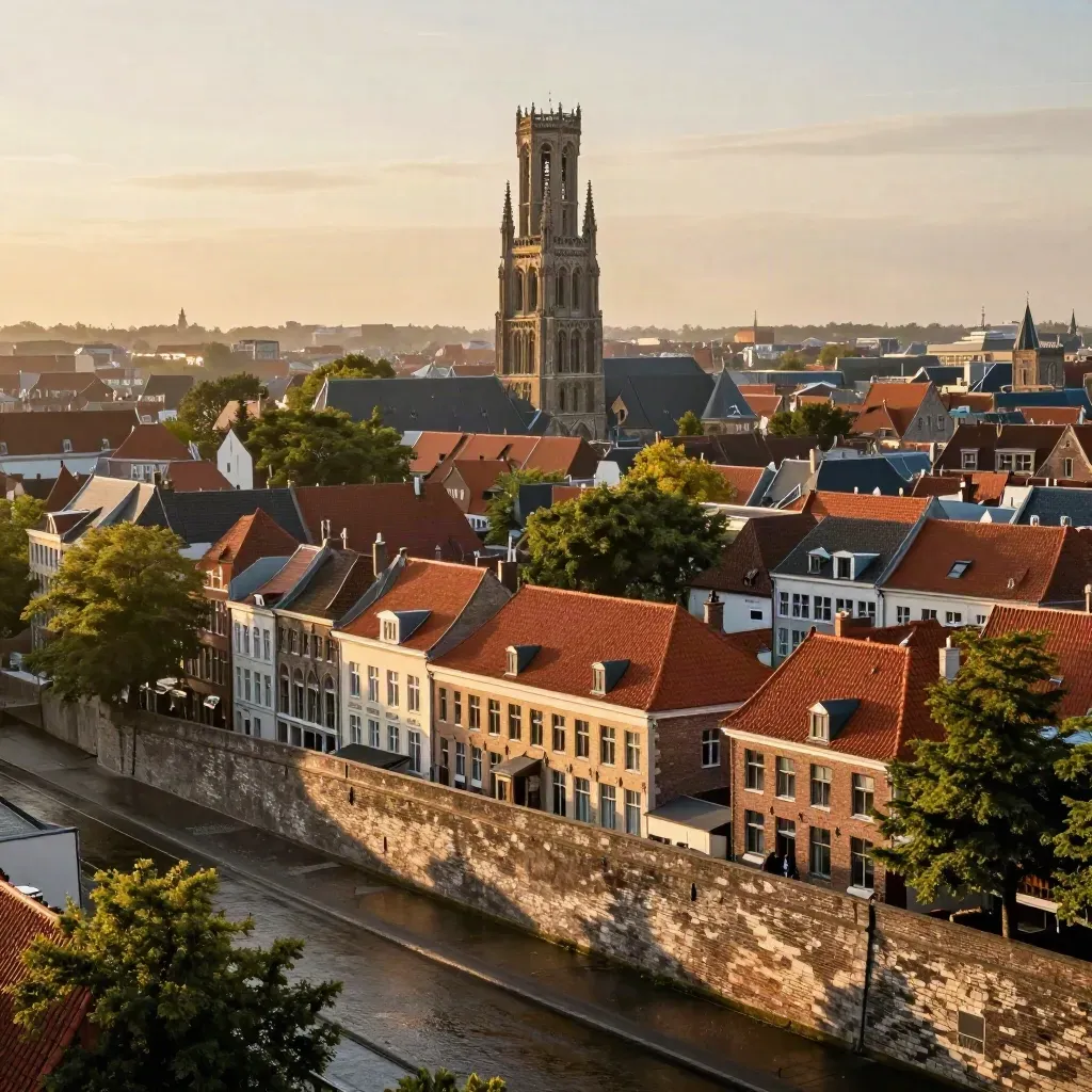 Domtoren en terracotta daken van Utrecht bij gouden uur na een regenbui.