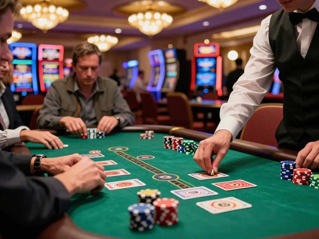 Players strategizing at a TX88 blackjack table, showcasing intense focus and vibrant casino atmosphere.