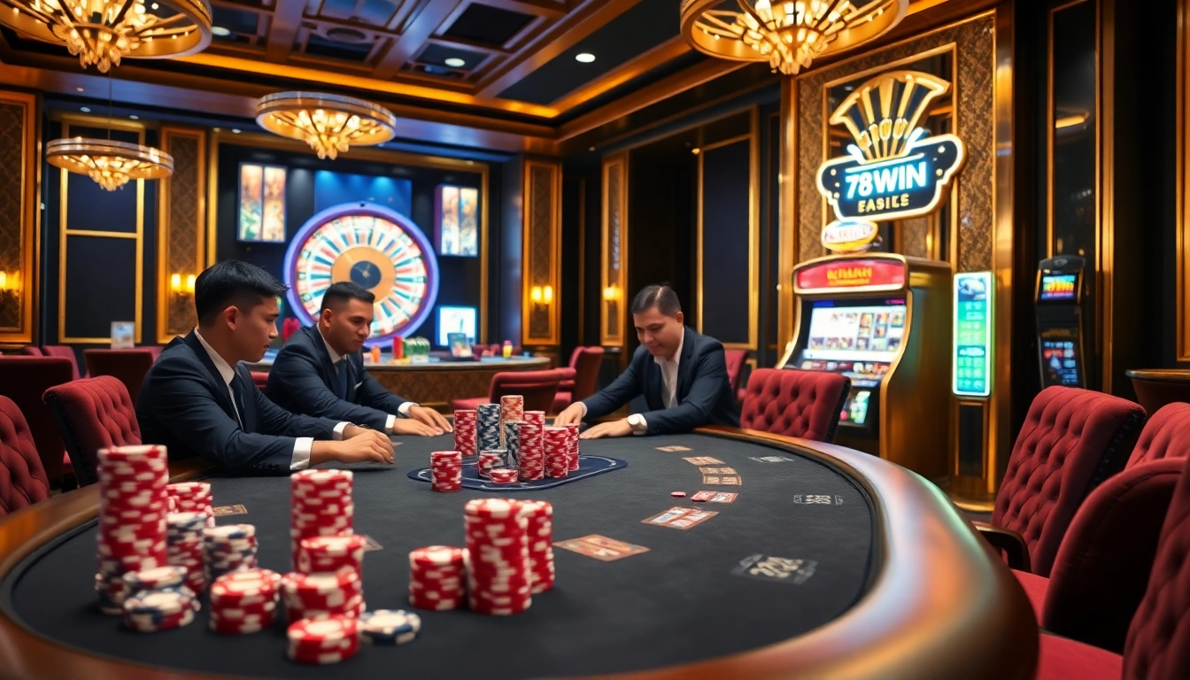 Experience the thrill of 78WIN in a luxurious casino setting filled with poker games and vibrant slot machines.