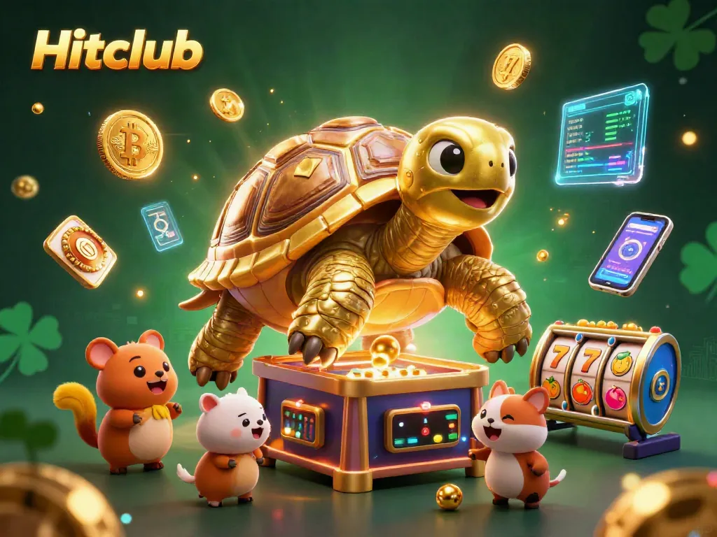 Spin to win at Hitclub with vibrant slot reels and interactive gaming elements in a whimsical setting.
