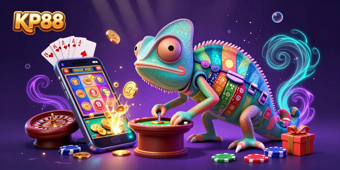 Experience the vibrant casino world with KP88 featuring a chameleon owner grabbing golden coins amid slots and poker elements.