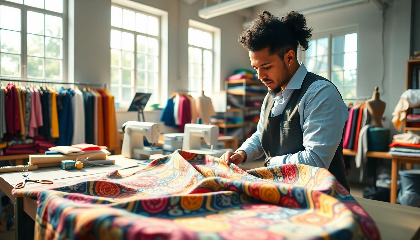 Stoffen voor kleding maken met levendige stoffen en creatieve sfeer in een kleurrijke werkplaats.
