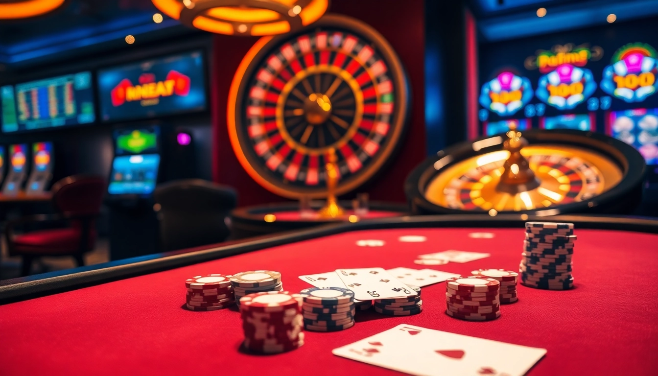 Experience thrilling games at nk88.com with a vibrant casino scene showcasing poker chips and a spinning roulette wheel.