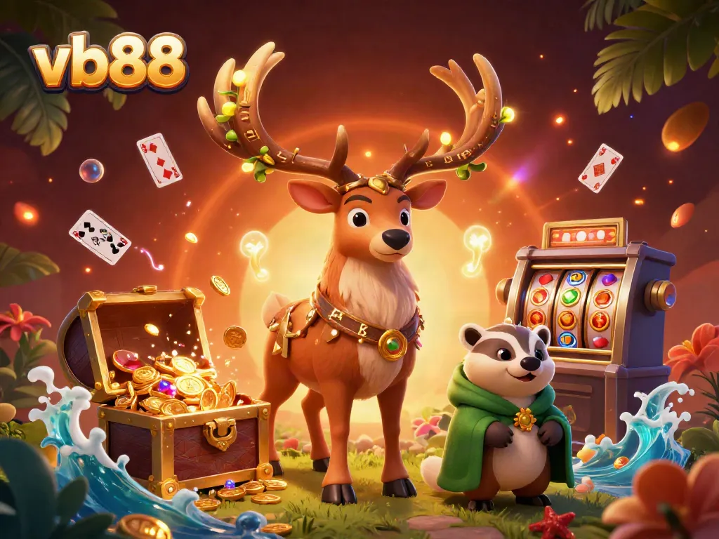 Experience thrilling gaming with vb88 featuring a Celtic druid stag, a wise badger, and floating cards.