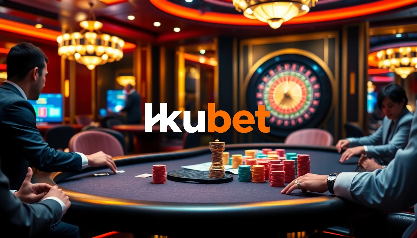 kubet gaming table with players betting and a vibrant roulette wheel in the background